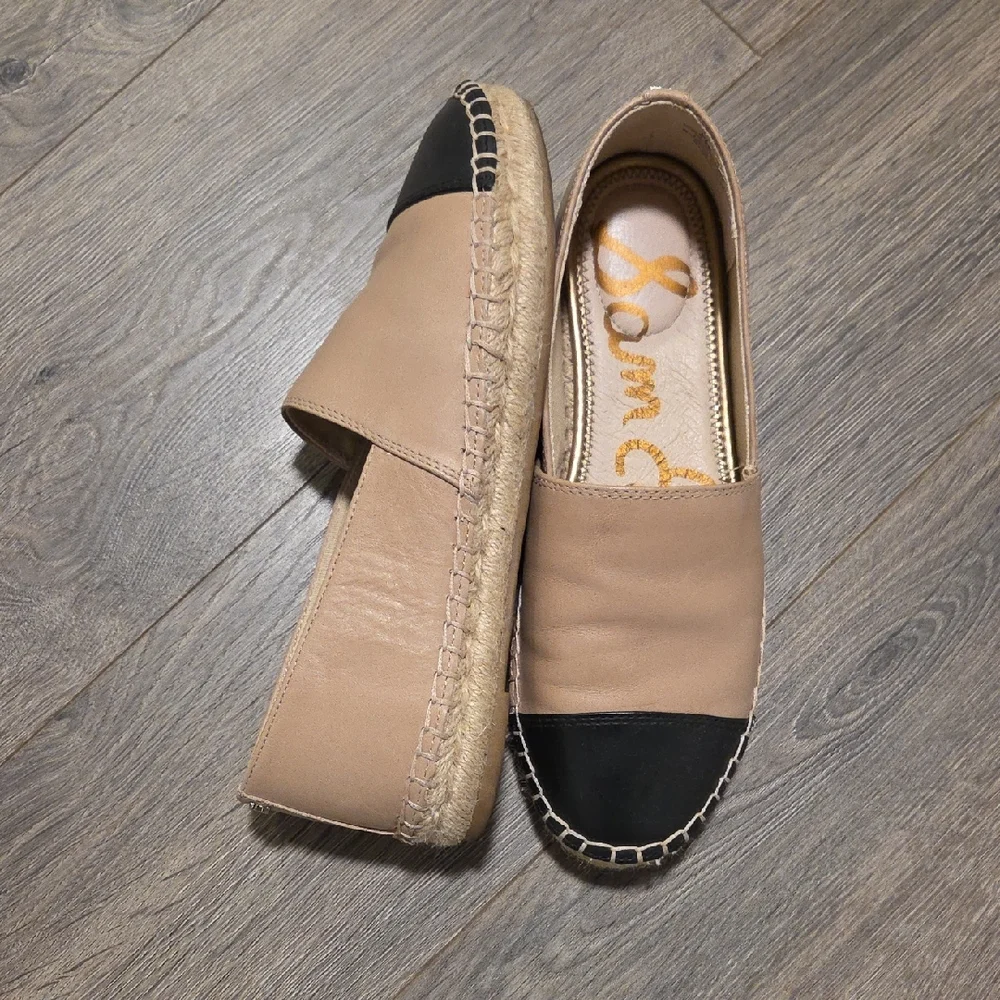 Leather Espadrille Flats in Beige with Black Cap Toe